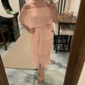 Beautiful off the shoulder, pink tiered chiffon ruffle dress, midi-maxi length
